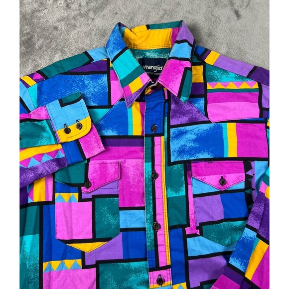 Vintage Wrangler Western Aztec Long Sleeve Button Up Size L  Brush Popper - Picture 1 of 7